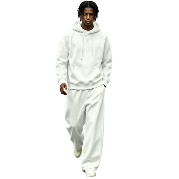 Delconic Mens Fleece Lined Tracksuit Set Hoodie and Wide Leg Pants Two Piece Casual Loose Fit Pullover Sweat Suit White L
