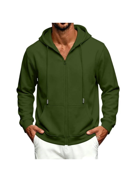 Mens Fleece Lined Zip Up Hooded Jacket Casual Long Sleeve Drawstring Hoodie Sweatshirt with Front Pockets Army Green M