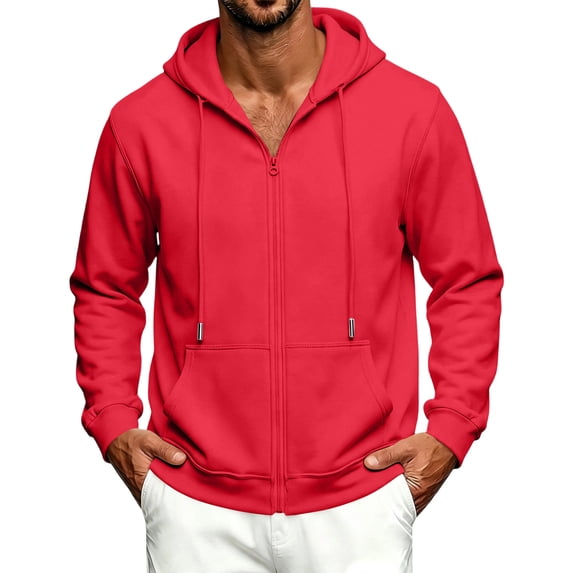 Delconic Mens Fleece Lined Zip Up Hooded Jacket Casual Long Sleeve Drawstring Hoodie Sweatshirt with Front Pockets Red 2XL