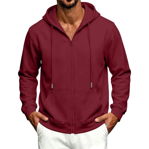 Delconic Mens Fleece Lined Zip Up Hooded Jacket Casual Long Sleeve Drawstring Hoodie Sweatshirt with Front Pockets Wine M