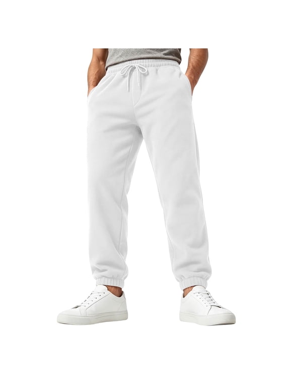Mens Fleece Sweatpants Loose Fit Jogger Pants Plus Size Casual Drawstring Waist Elastic Cuff Lounge Trousers White XL
