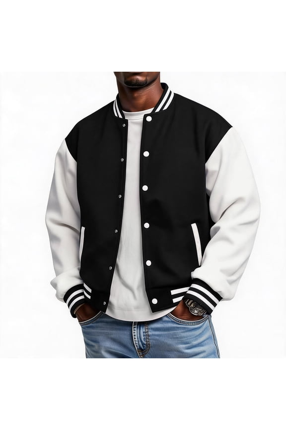 Mens Fleece Varsity Jacket Casual Knit Stand Collar Snap Front Baseball Style Outerwear Ribbed Trim Regular Fit Black L