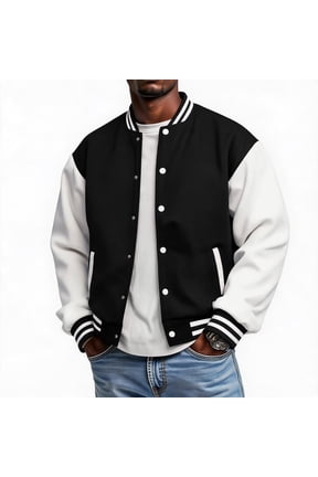 Mens Fleece Varsity Jacket Casual Knit Stand Collar Snap Front Baseball Style Outerwear Ribbed Trim Regular Fit Black L