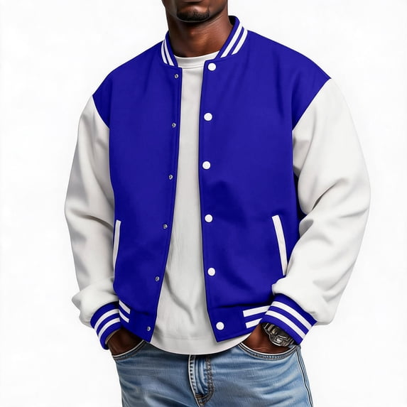 Delconic Mens Fleece Varsity Jacket Casual Knit Stand Collar Snap Front Baseball Style Outerwear Ribbed Trim Regular Fit Blue L
