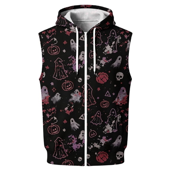 Delconic Mens Halloween Print Sleeveless Hoodie Zip Up Vest Casual Athletic Retro American Style Lightweight Fleece Outerwear Black L