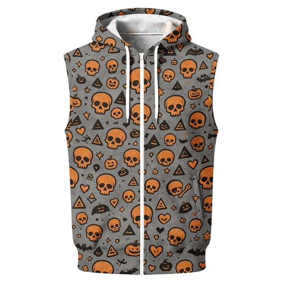 Delconic Mens Halloween Print Sleeveless Hoodie Zip Up Vest Casual Athletic Retro American Style Lightweight Fleece Outerwear Saffron 3XL