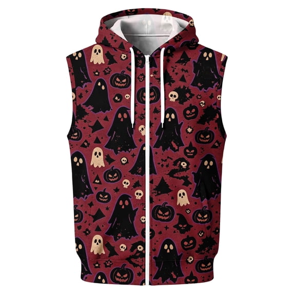 Delconic Mens Halloween Print Sleeveless Hoodie Zip Up Vest Casual Athletic Retro American Style Lightweight Fleece Outerwear Wine XL