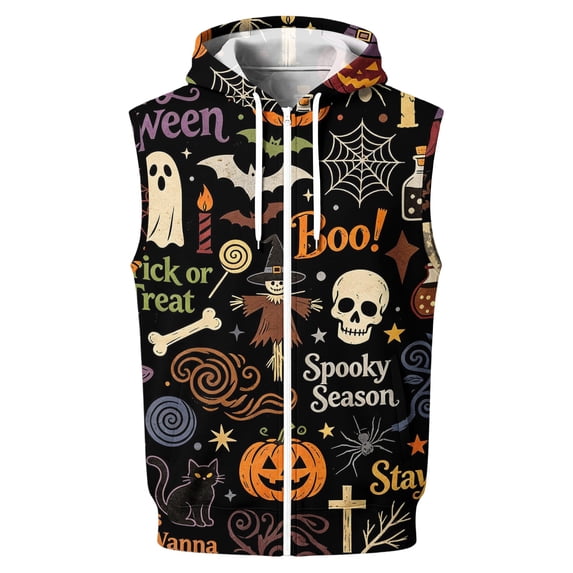 Delconic Mens Halloween Print Sleeveless Zip Up Hoodie Vest Casual Vintage American Style Lightweight Fleece Hooded Outerwear Black L