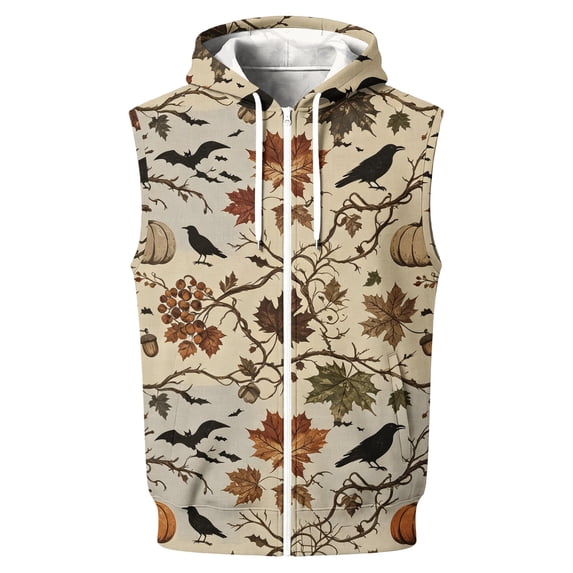 Delconic Mens Halloween Print Sleeveless Zip Up Hoodie Vest Casual Vintage American Style Lightweight Fleece Hooded Outerwear Khaki M