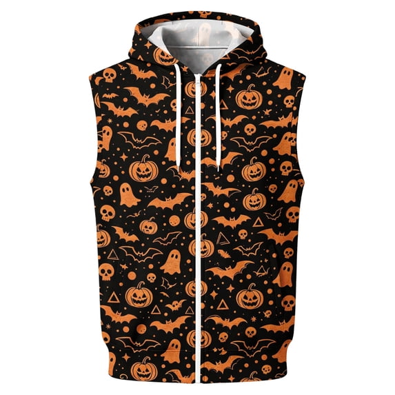 Delconic Mens Halloween Print Sleeveless Zip Up Hoodie Vest Casual Vintage American Style Lightweight Fleece Hooded Outerwear Yellow 2XL