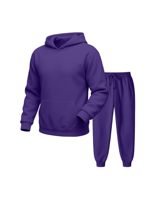 Mens Hoodie and Jogger Set Casual Athletic Sweat Suit Long Sleeve Pullover Hooded Top with Drawstring Pants Purple L