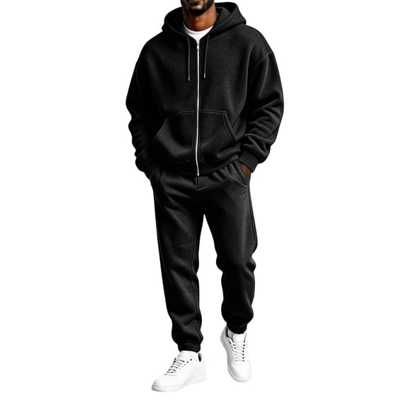 Delconic Mens Hoodie and Jogger Set Two Piece Tracksuit Full Zip Sweatshirt Drawstring Pants Casual Athletic Outfit Black L