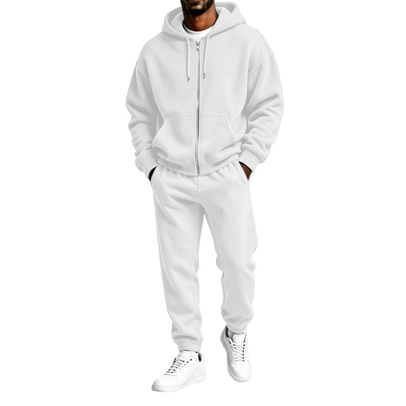 Delconic Mens Hoodie and Jogger Set Two Piece Tracksuit Full Zip Sweatshirt Drawstring Pants Casual Athletic Outfit White XL