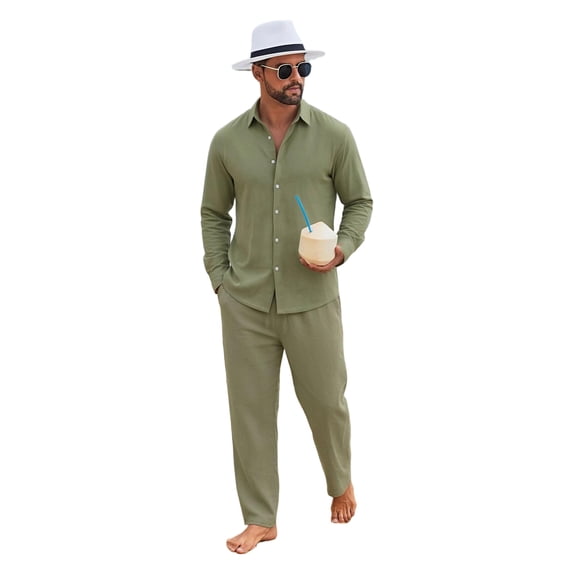 Delconic Mens Linen Blend Two Piece Beach Set Long Sleeve Button Down Shirt and Casual Loose Fit Pants Breathable Resort Wear Army Green L