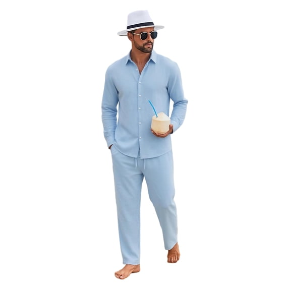 Delconic Mens Linen Blend Two Piece Beach Set Long Sleeve Button Down Shirt and Casual Loose Fit Pants Breathable Resort Wear Light Blue M