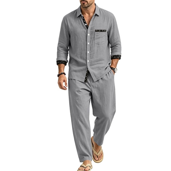 Delconic Mens Linen Blend Two Piece Outfit Loose Fit Long Sleeve Button Front Shirt and Straight Leg Pants Casual Set Gray M