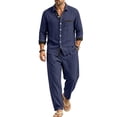 thumbnail image 1 of Delconic Mens Linen Blend Two Piece Outfit Loose Fit Long Sleeve Button Front Shirt and Straight Leg Pants Casual Set Navy 2XL, 1 of 8