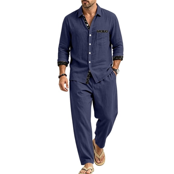 Delconic Mens Linen Blend Two Piece Outfit Loose Fit Long Sleeve Button Front Shirt and Straight Leg Pants Casual Set Navy 2XL