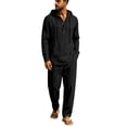 thumbnail image 1 of Delconic Mens Linen Blend Two Piece Set Hooded Half Placket Long Sleeve Shirt and Straight Leg Pants Casual Vacation Outfit Black L, 1 of 8