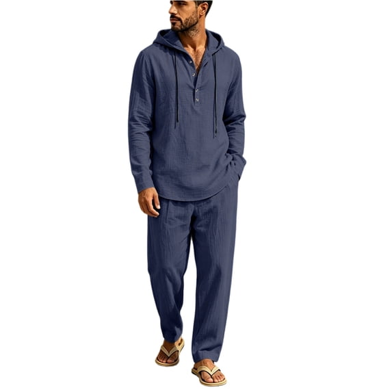 Delconic Mens Linen Blend Two Piece Set Hooded Half Placket Long Sleeve Shirt and Straight Leg Pants Casual Vacation Outfit Navy M