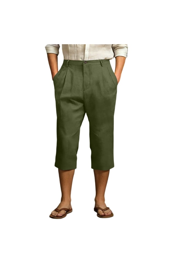 Mens Loose Fit Cropped Trousers Relaxed Waist Pleated Cotton Blend Capri Pants with Button Closure for Everyday Wear Army Green L