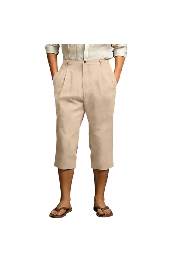 Mens Loose Fit Cropped Trousers Relaxed Waist Pleated Cotton Blend Capri Pants with Button Closure for Everyday Wear Beige 3XL