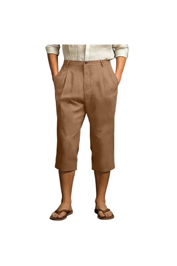 Mens Loose Fit Cropped Trousers Relaxed Waist Pleated Cotton Blend Capri Pants with Button Closure for Everyday Wear Camel 2XL