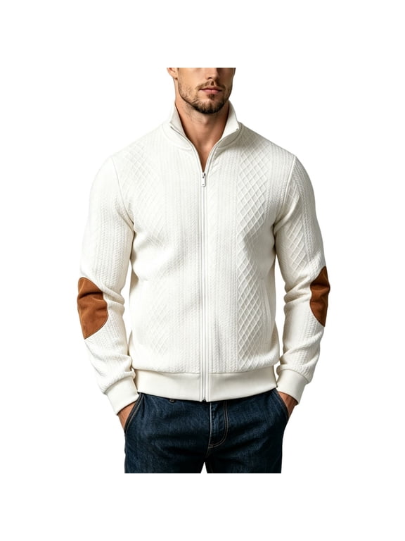 Mens Mock Neck Knit Jacket Full Zip Cardigan Sweater with Jacquard Texture and Suede Like Elbow Patch Panels White XL