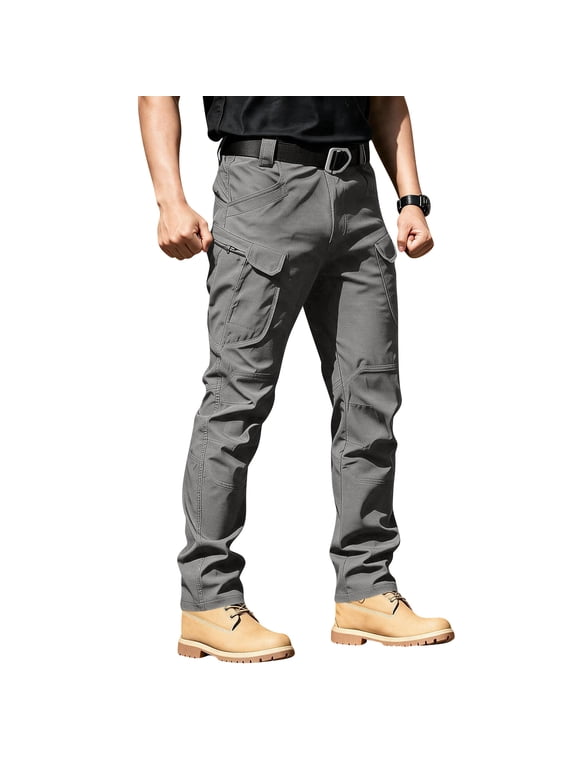 Mens Outdoor Softshell Tactical Pants Stretch Cargo Trousers Multi Pocket Utility Work Combat Pants Straight Leg Gray L