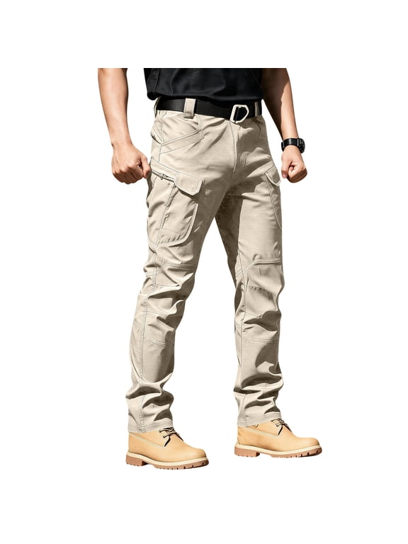 Mens Outdoor Softshell Tactical Pants Stretch Cargo Trousers Multi Pocket Utility Work Combat Pants Straight Leg Khaki M