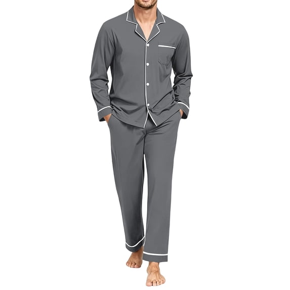 Delconic Mens Pajama Set Long Sleeve Button Front Sleepwear Set Collared Shirt and Full Length Pants Relaxed Fit Loungewear Gray M