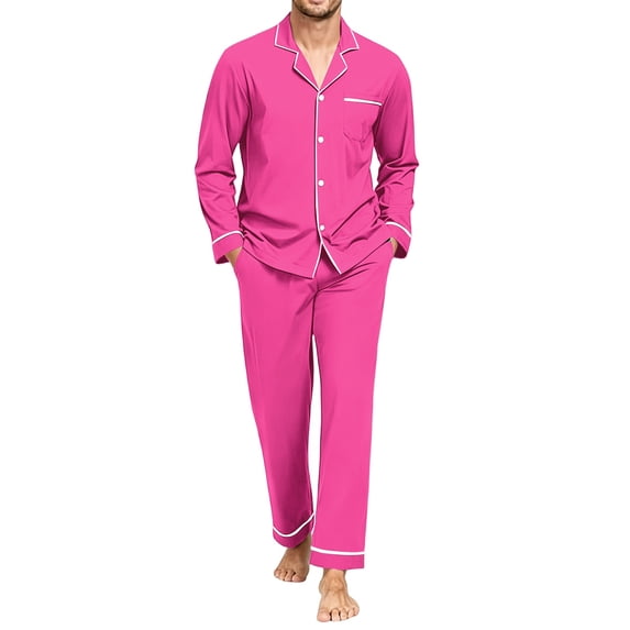 Delconic Mens Pajama Set Long Sleeve Button Front Sleepwear Set Relaxed Fit Lounge Set with Chest Pocket and Full Length Pants Purple Pink S