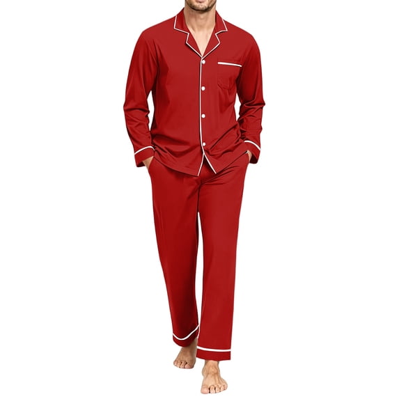 Delconic Mens Pajama Set Long Sleeve Button Front Sleepwear Set Relaxed Fit Lounge Set with Chest Pocket and Full Length Pants Vermilion L