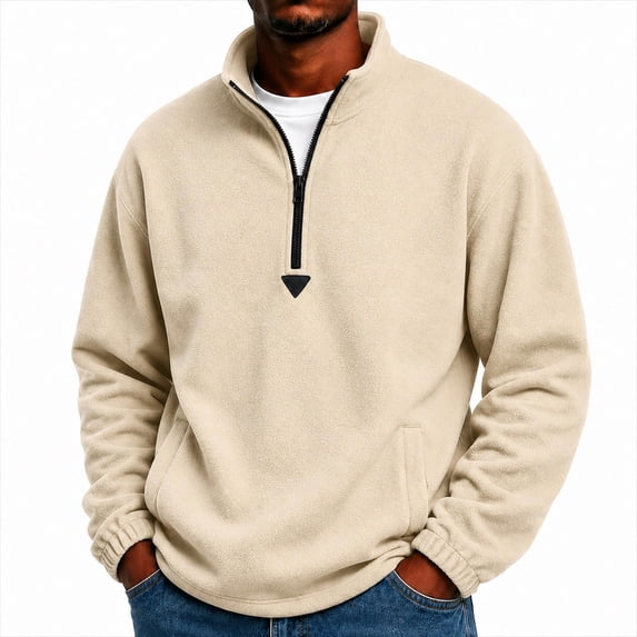 Delconic Mens Quarter Zip Fleece Pullover Jacket Long Sleeve Stand Collar Warm Outerwear Casual Relaxed Fit for Fall Winter White 5XL
