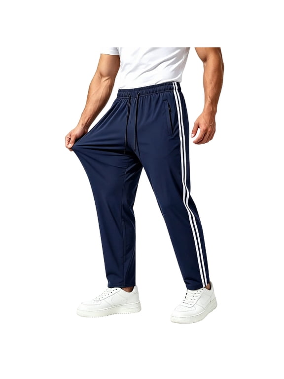 Mens Side Stripe Track Pants Drawstring Waist Athletic Joggers with Zipper Pockets Breathable Stretch Training Trousers Navy M