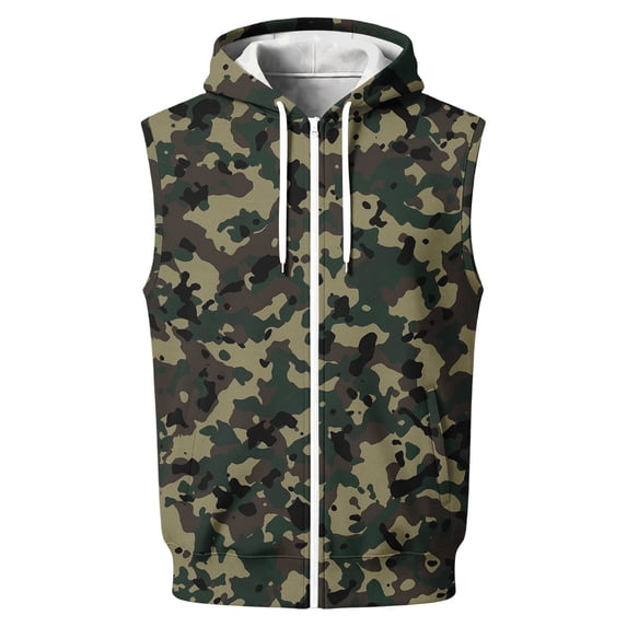 Delconic Mens Sleeveless Zip Up Hoodie Vest Casual Athletic Lightweight Fleece Lined Camouflage Print Retro Streetwear Outerwear Army Green L
