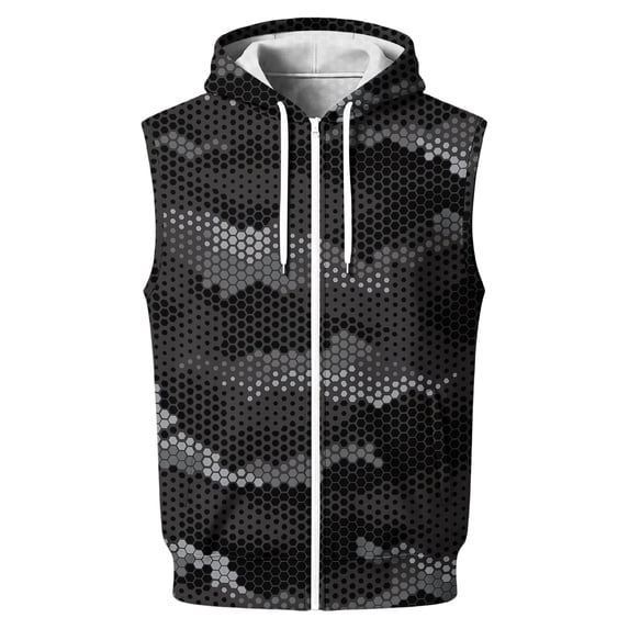 Delconic Mens Sleeveless Zip Up Hoodie Vest Casual Athletic Lightweight Fleece Lined Camouflage Print Retro Streetwear Outerwear Dark Gray L