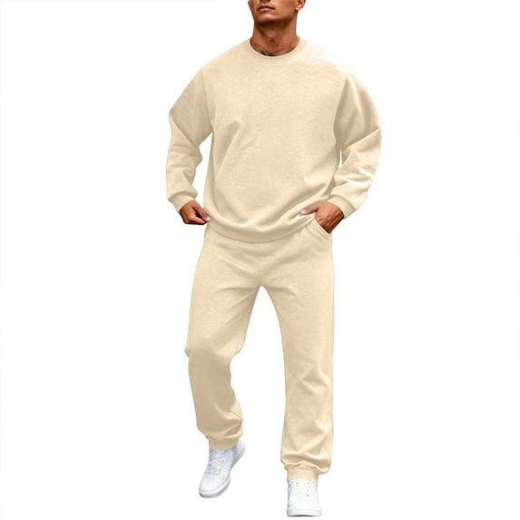 Delconic Mens Solid Sweatshirt and Jogger Set Long Sleeve Crewneck Pullover with Elastic Waist Pants Casual Sports Outfit Beige L