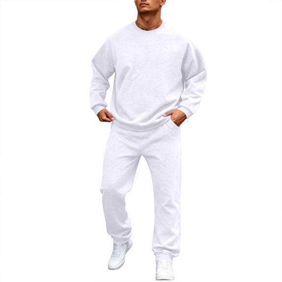 Delconic Mens Spring Fall Sweatshirt and Jogger Set Casual Athletic Tracksuit Crewneck Pullover and Tapered Sweatpants Outfit White 2XL