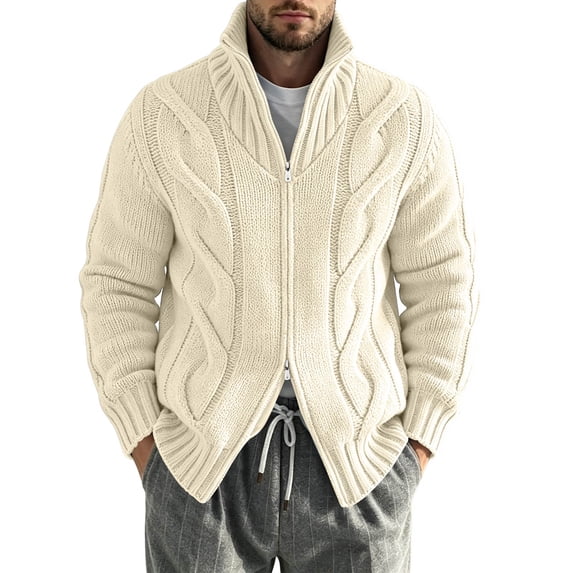 Delconic Mens Stand Collar Knit Cardigan Sweater Full Zip Long Sleeve Cable Textured Rib Trim Regular Fit Casual Outer Layer Beige M