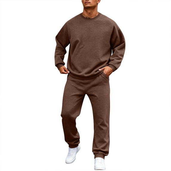 Delconic Mens Sweatshirt and Jogger Set Casual Sports Tracksuit Two Piece Pullover Crewneck Top and Elastic Waist Pants Coffee L