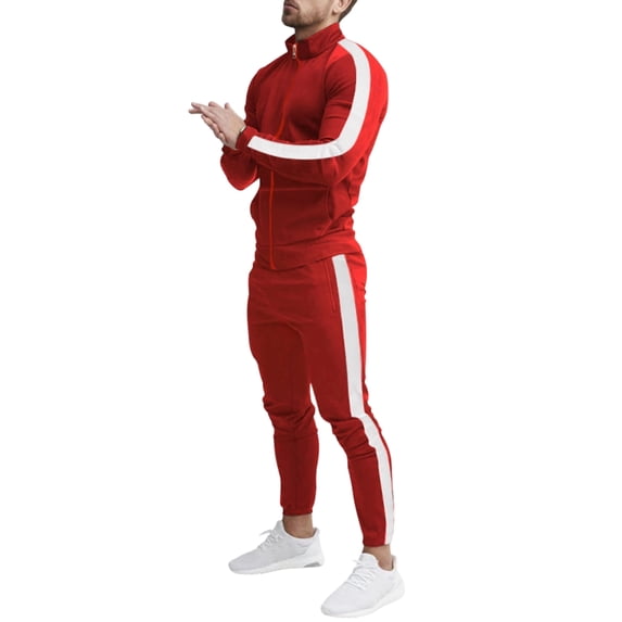 Delconic Mens Two Piece Athletic Tracksuit Set Zip Front Long Sleeve Track Jacket and Tapered Jogger Pants Casual Sportwear Red M