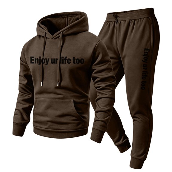 Delconic Mens Two Piece Fleece Hoodie and Straight Leg Pants Set Casual Pullover Sweatshirt and Elastic Waist Trousers Coffee XL