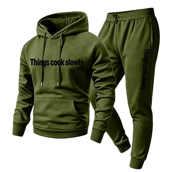 Delconic Mens Two Piece Fleece Tracksuit Set Hoodie and Straight Leg Pants with Letter Print Drawstring Hood Elastic Waist Pullover Army Green L