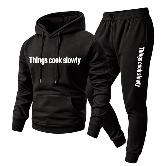 Delconic Mens Two Piece Fleece Tracksuit Set Hoodie and Straight Leg Pants with Letter Print Drawstring Hood Elastic Waist Pullover Black XL