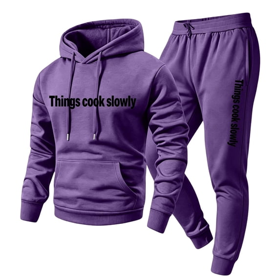 Delconic Mens Two Piece Fleece Tracksuit Set Hoodie and Straight Leg Pants with Letter Print Drawstring Hood Elastic Waist Pullover Purple S