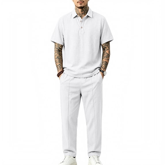 Delconic Mens Two Piece Outfit Half Placket Collared Short Sleeve Top and Straight Leg Pocket Pants Loose Fit Set White 3XL