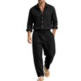 thumbnail image 1 of Delconic Mens Two Piece Outfit Long Sleeve Button Front Shirt and Drawstring Straight Leg Pants Casual Vacation Set Black M, 1 of 9