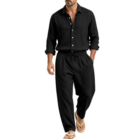 Delconic Mens Two Piece Outfit Long Sleeve Button Front Shirt and Drawstring Straight Leg Pants Casual Vacation Set Black M