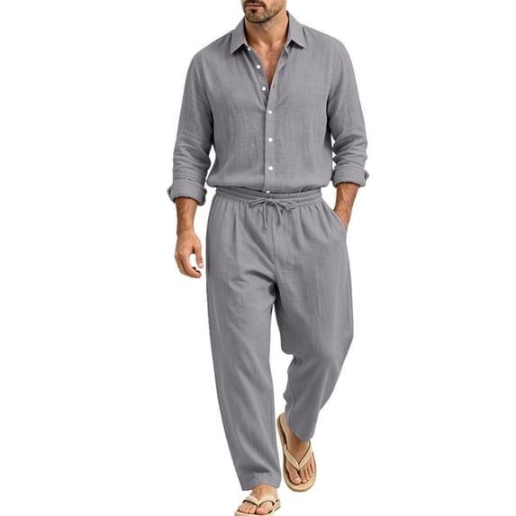 Delconic Mens Two Piece Outfit Long Sleeve Button Front Shirt and Drawstring Straight Leg Pants Casual Vacation Set Gray 2XL
